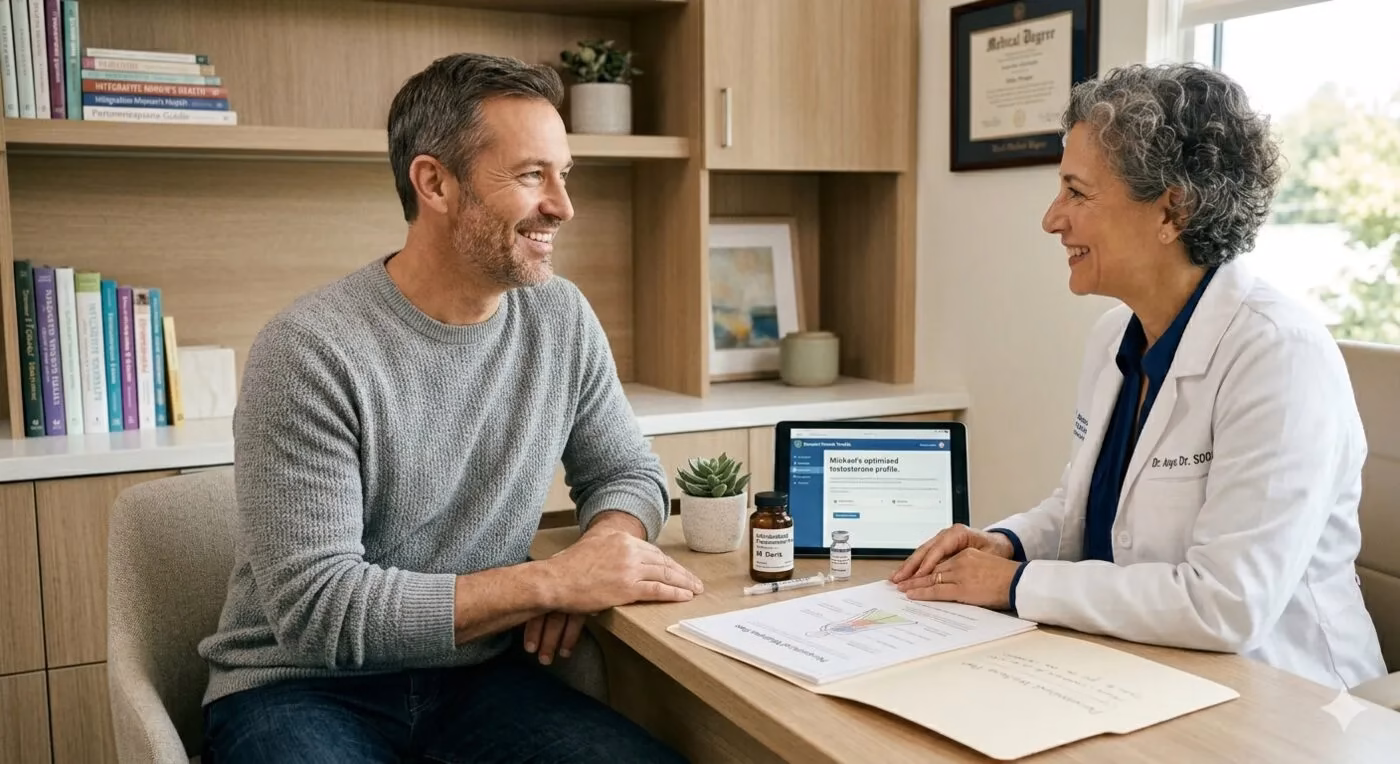 Doctor discussing men\u2019s hormone and low testosterone care with a male patient at Queen Creek Naturopathic